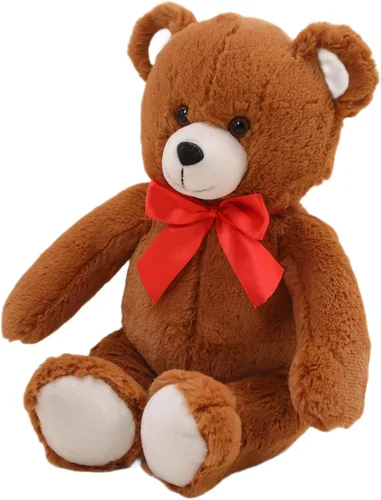 Plushland Oso esponjoso marrón sentado de 15 pulgadas con lazo, oso de peluche suave para niños y adultos, regalo de animales de peluche para todas