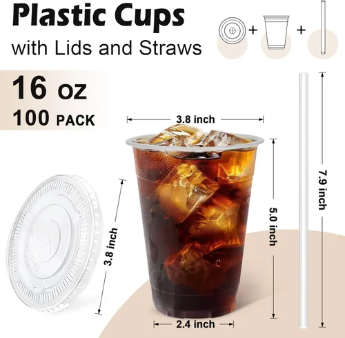 Miniatura 2 de Lamosi Paquete de 100 vasos de plástico transparente de 16 onzas con tapas y pajitas, tazas de café de plástico desechables con tapas para café