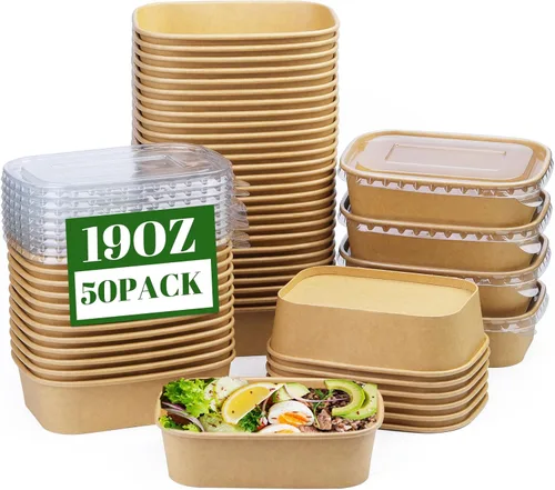 Miniatura 8 de Paquete de 25 cuencos de papel de 19 onzas, recipientes desechables con tapas, cuencos rectangulares desechables con tapas, cuencos de ensalada