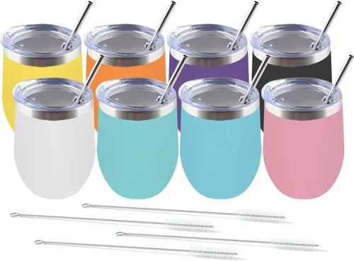 Miniatura 9 de Amtidy Paquete de 12 vasos de acero inoxidable con recubrimiento en polvo con tapa, equipado con popote y cepillo para pajilla, vaso de viaje
