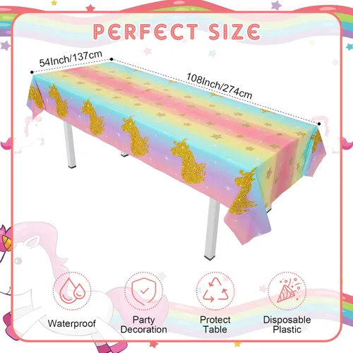 Miniatura 2 de Zhehao Mantel desechable de cumpleaños de unicornio de 108 x 54 pulgadas, mantel de plástico a rayas multicolor para fiesta de cumpleaños