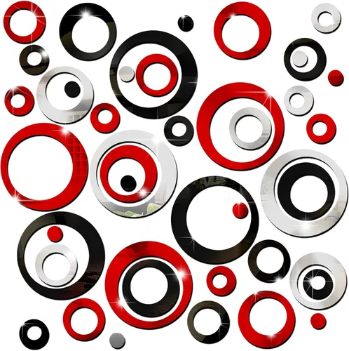 Outus 72 Piezas Pegatinas de Pared Decorativas Espejo Circular Acrílico Removible Rojo y Negro Decoración de Pared Puntos Redondos a Granel DIY Rojo