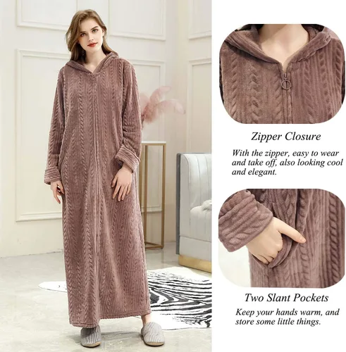 Miniatura 4 de Hellomamma Bata de baño larga con capucha y cremallera para mujer, bata de franela de forro polar, abrigo de invierno cálido para el hogar, camisón
