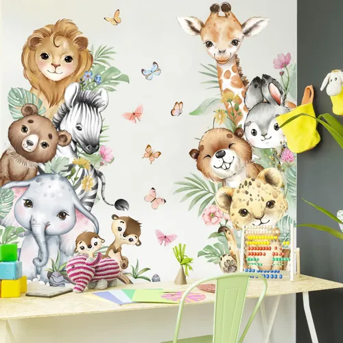 Miniatura 11 de Calcomanías de pared de animales de acuarela de 56.29 x 44.88 pulgadas, calcomanías de animales de selva, tigre, elefante, cebra, jirafa, mono