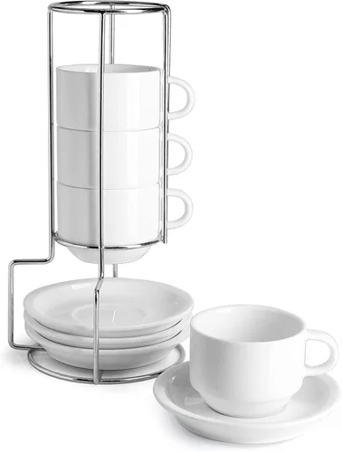 Miniatura 20 de Sweese - Juego de 4 tazas de espresso apilables de porcelana de 4 onzas con platillos y soporte de metal, color turquesa