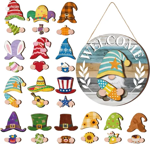 Miniatura 31 de Qunclay 31 piezas 3D de grano natural intercambiable de madera gnomo para puerta, decoraciones navideñas de gnomo con piezas magnéticas y sombreros