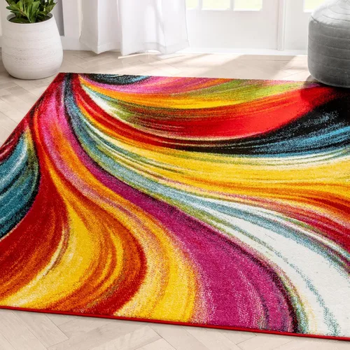 Well Woven- Alfombra de pelo largo con diseño geométrico multicolor, arte abstracto y moderno en pintura, contemporáneo, no se deshilacha, ideal