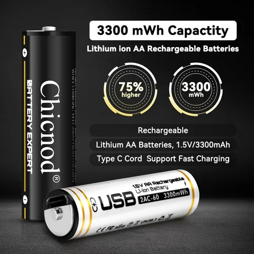 Miniatura 4 de Baterías AA recargables USB-C, 3300 mWh de iones de litio de 1.5 V de voltaje constante, baterías de litio dobles A de carga rápida con cable tipo