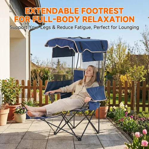 Miniatura 6 de LILYPELLE Silla de playa con toldo y reposapiés, silla de camping plegable portátil con bolsa enfriadora y soporte para tazas, parasol ajustable