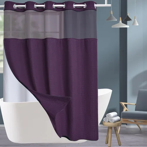 Miniatura 18 de Conbo Mio Cortina de ducha sin ganchos de tela de gofre con forro extraíble, lujosa para hotel, azul oscuro, para baño con ventana transparente
