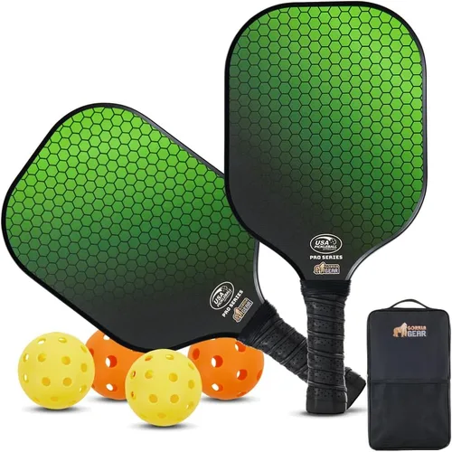 Gorilla Gear USAPA Approved Pickleball Starter Set, Fiberglass Paddles with Bag and Balls, Indoor Outdoor Court Use, Comfortable Racket Grip, Verde