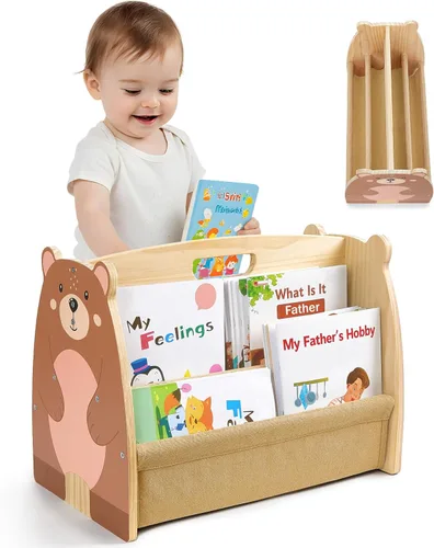 Miniatura 10 de Estantería infantil SheSeek de doble cara con 4 niveles de fundas profundas, estante de libros de madera para niños Montessori para habitación