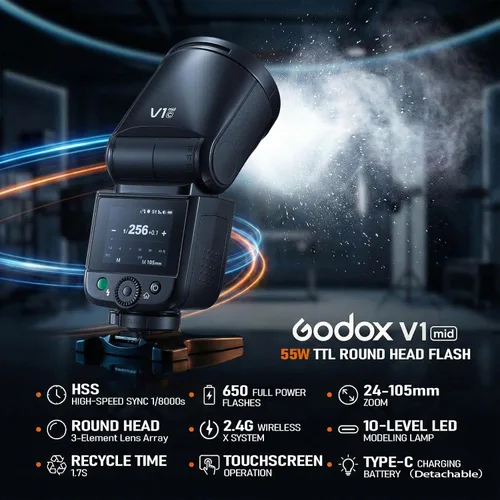 Miniatura 3 de Godox V1 MID C Flash para Canon, pantalla táctil Speedlite de cabeza redonda de 55 W, actualización de 0.945 in, 650+Full Power Pops, reciclaje