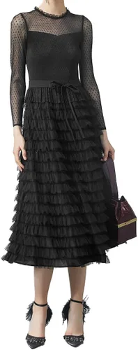 Miniatura 5 de Vestidos midi de gasa de manga larga para mujer, con capas, para invitadas de boda, cóctel, baile, fiesta de noche