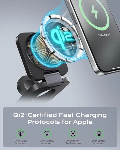 Miniatura 2 de Cargador de viaje 3 en 1 certificado Qi2 compatible con MagSafe, soporte de cargador inalámbrico plegable mejorado, estación de carga 3 en 1
