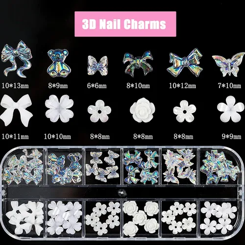 Miniatura 2 de Dijes de acrílico 3D con diseño de mariposa, flores blancas, osos para uñas, bonitos dijes de uñas, diamantes de imitación de cristal estrellado