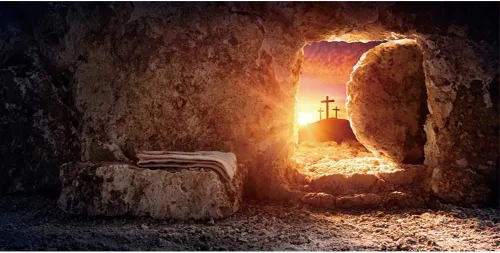 Miniatura 14 de Fondo de fotografía de tumba vacía de 6 x 4 pies, puesta de sol con luz sagrada, tres cruces en la montaña, Jesucristo, agujero de piedra, telón