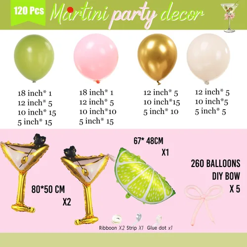 Miniatura 8 de Juego de guirnalda de globos de martini de limonada A Tini Bit para decoración de fiesta mayor, 130 globos rosa, verde y blanco, globo de vidrio