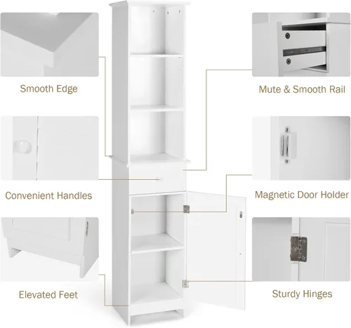 Miniatura 4 de MAT EXPERT Armario alto de baño, armario de almacenamiento independiente con estante y cajón de 3 niveles, torre estrecha de lino para baño
