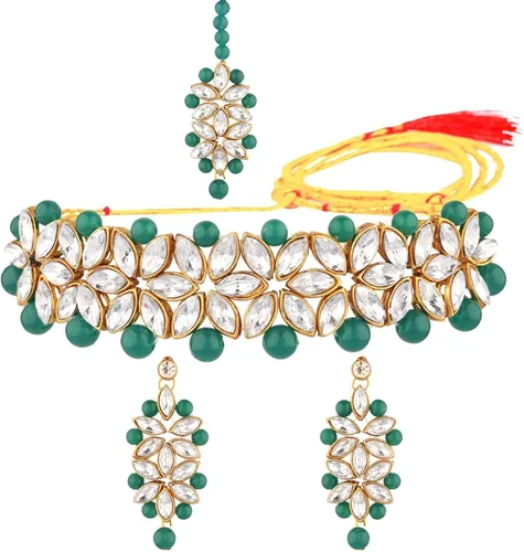 Miniatura 6 de Efulgenz Indian Jewelry Crystal Choker Faux Pearl Floral Necklace Earrings Maang Tikka Bollywood Wedding Bridal Jewelry Set for Women