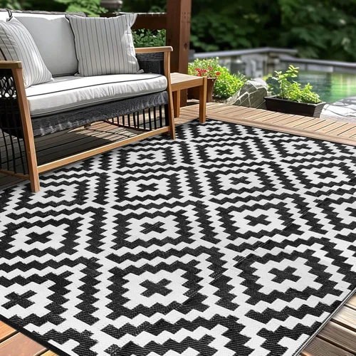 Miniatura 11 de Alfombra de paja de plástico para patio al aire libre, 5 x 8 pies, impermeable, reversible, alfombra de área, patio, caravana, porche, balcón, Azul