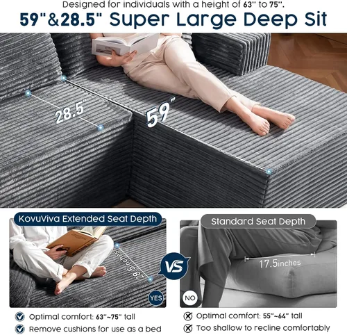 Miniatura 4 de Sofá modular gris con diván en forma de L de 108 pulgadas, sofá de pana de asiento profundo, tela de felpa similar a una nube, sofás para sala