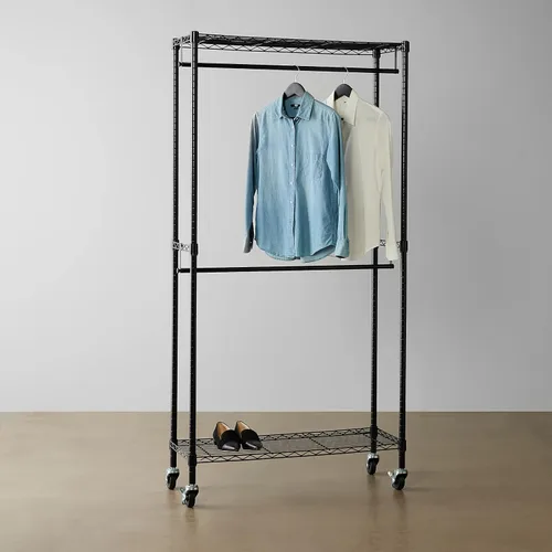 Miniatura 7 de Amazon Basics Perchero ajustable con doble barra, organizador de ropa colgante con ruedas, resistente, 36 x 14 x 72 pulgadas, negro