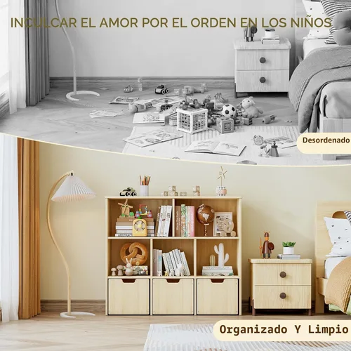 Miniatura 9 de EXPERLAM Organizador de almacenamiento de juguetes de madera de pino macizo, estantería para niños y organizador de juguetes con 3 cajones rodantes