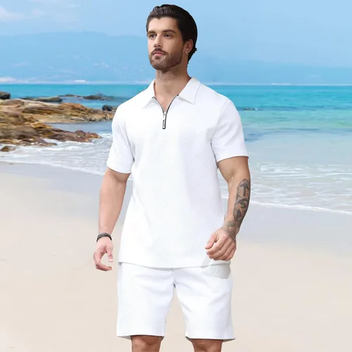 Miniatura 4 de Aulemen Conjunto deportivo de 2 piezas con cremallera para hombre, manga corta, camiseta polo y pantalones cortos, conjuntos de verano para hombre