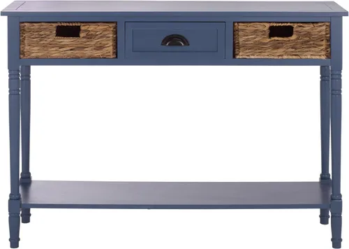 SAFAVIEH Home Collection - Mesa consola de entrada Christa, mesa de sofá de almacenamiento de 3 cajones de madera maciza azul con cestas de ratán