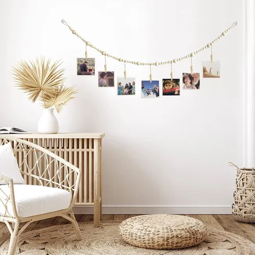 Miniatura 4 de Expositor de fotos colgante de 4 pies con clips, decoración bohemia de cuentas de madera, guirnalda de cuentas de cumpleaños, soporte para fotos