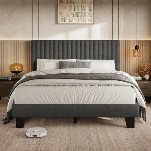 Einhomn Base de cama tamaño Queen con cabecero, base de cama tapizada de lino con listones de madera maciza, sin ruido, no necesita somier, fácil