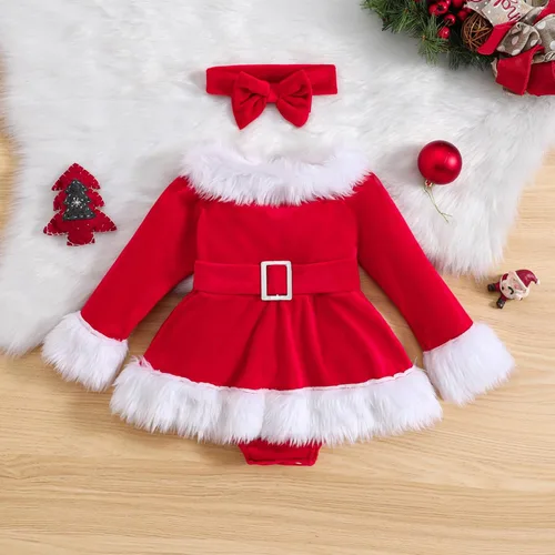 Miniatura 11 de WASAIGOOD Mameluco de Navidad para bebé niña, vestido de manga larga con ribete de piel, traje de terciopelo para Navidad, enterizo de invierno