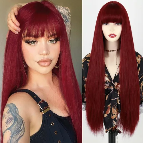 Miniatura 10 de MISSQUEEN Pelucas largas negras con flequillo, pelucas negras rectas para mujer, peluca sintética de 30 pulgadas de largo lacio con flequillo negro