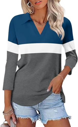 Miniatura 15 de TICTICMISS - Camisas polo de cuello en V para mujer, manga 3/4, con cuello, tops casuales de negocios, tops de verano a la moda, holgados