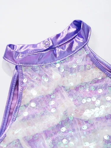 Miniatura 20 de JEATHA Top corto con borlas y lentejuelas brillantes para niñas, con minifalda, jazz latino, salsa, samba, rumba, baile