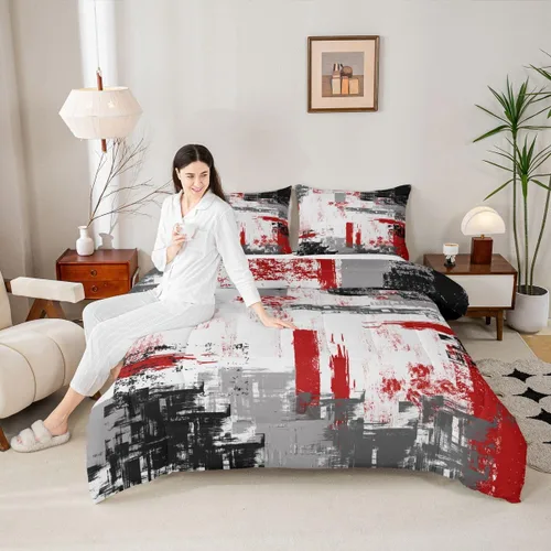 Miniatura 5 de Feelyou Edredón Abstracto Juego de Edredón de Arte Abstracto Moderno para Niños y Niñas Juego de Ropa de Cama con Patrón Rojo Gris Negro Decoración