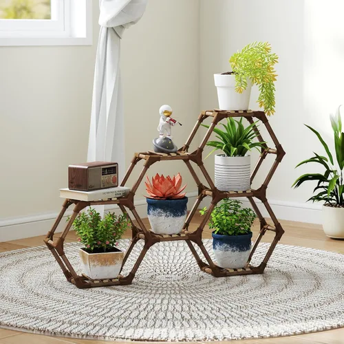Miniatura 12 de Tikea Soporte para plantas para interiores y exteriores, soporte hexagonal para múltiples plantas, estante grande de madera para plantas, 7 niveles