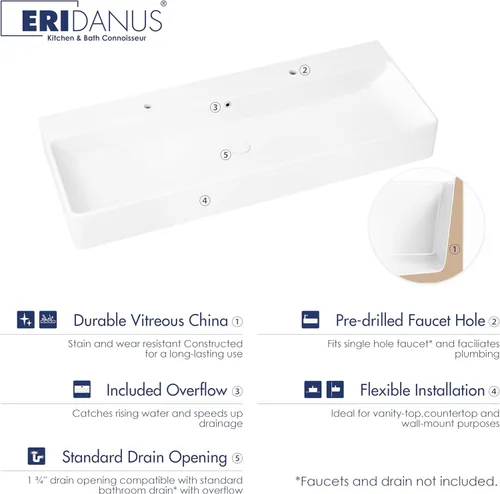 Miniatura 3 de Eridanus Lavabo de Baño Rectangular 43" x 16", Lavabo Vasija de Cerámica Vítrea de Dos Orificios, Montaje en Encimera y Pared, Lavabo Flotante