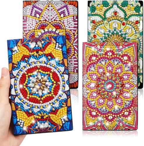 Patelai Juego de 4 cuadernos de flores de mandala de diamante, 3 x 5 pulgadas, cubierta de mandala, cuaderno de cristal, cuaderno de bocetos, bloc