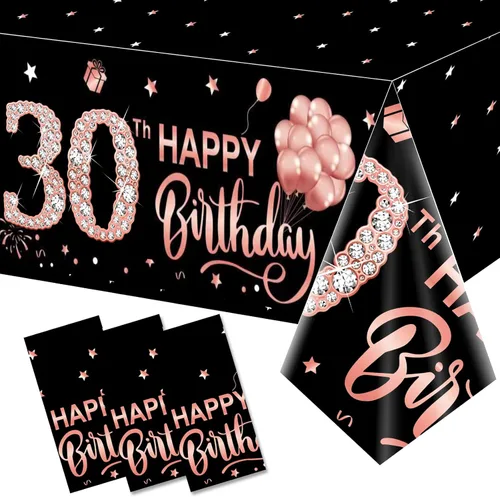 3 paquetes de manteles de mesa de color oro rosa "Feliz Treinta" - Suministros para fiesta de cumpleaños número 30, manteles de plástico desechables