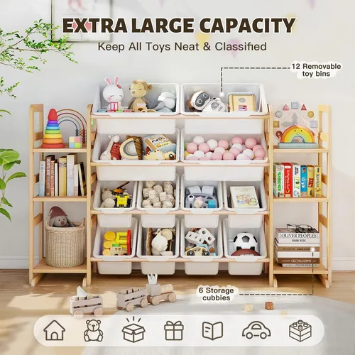 Miniatura 3 de Organizador de almacenamiento de juguetes de madera con 6 estantes y 12 contenedores, organizador de juguetes para niños, estante de juguetes