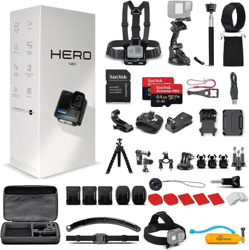 GoPro Hero (Go Pro Hero) Black Compact - Cámara de acción impermeable con video 4K Ultra HD, fotos de 12 MP + kit de accesorios 50 en 1 + 2 tarjetas