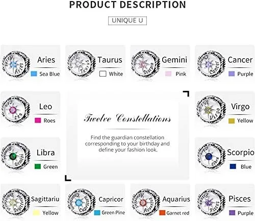 Miniatura 5 de FAEFASH - Abalorio para pulsera de plata de ley 925 con forma de estrella, 12 constelación de horóscopo para pulsera Pandora, cumpleaños para mujer