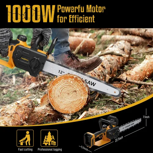 Miniatura 5 de Mini motosierra para batería Dewalt de 20 V máxima, motosierra eléctrica de 12 pulgadas inalámbrica con doble bloqueo de seguridad, sierra de cadena