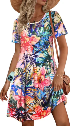 Miniatura 30 de Vestidos de verano para mujer, informales, holgados, estilo camiseta, florales, de manga corta, con vuelo y bolsillos, para la playa