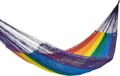 NOVICA Hamaca de cuerda maya de nailon tejida a mano multicolor arcoíris a rayas para 1 persona, soñando con arcoíris (individual)