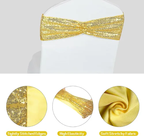 Miniatura 3 de Poise3EHome Juego de 50 bandas elásticas de lentejuelas doradas para sillas de una cara, lazos decorativos para bodas, fiestas, eventos, fundas