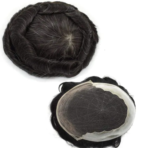 Miniatura 51 de Peluca de repuesto de cabello natural de poliuretano con encaje frontal para hombre (7x9 pulgadas, densidad de luz, 1B40# negro natural con 40% gris)
