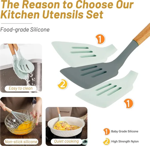 Miniatura 3 de QMVESS Juego de utensilios de cocina de silicona, 35 piezas, antiadherentes, aislamiento resistente, mango de madera, accesorios de cocina